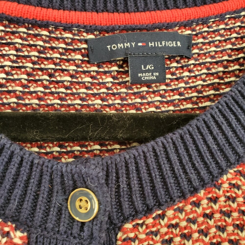 Tommy Hilfiger L 100% Cotton Knit Cardigan Sweater Nautical Stripe Red Navy Gold - Picture 4 of 12